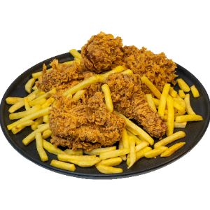 ۵۰۰ گرممرغ سوخاری،سیب سرخ شده،سس چیلی،نان